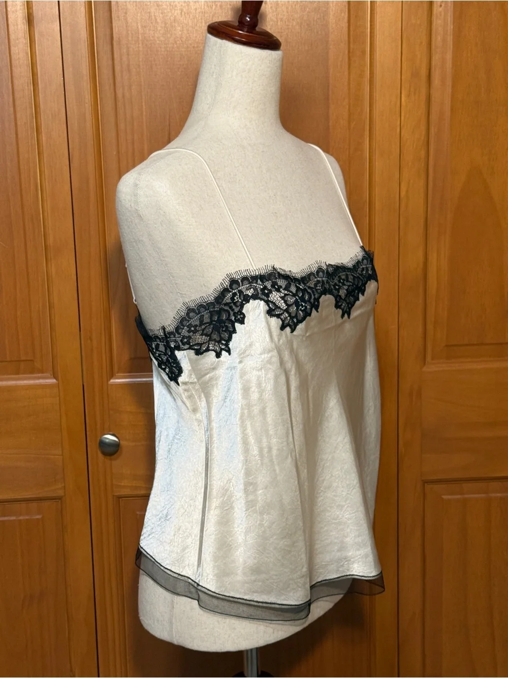 J. Crew Cream Textured Satin Cami with Black Lace Trim